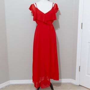 JeyKay Women's Red Flowy Ruffled Sleeve Maxi Dress Size Small